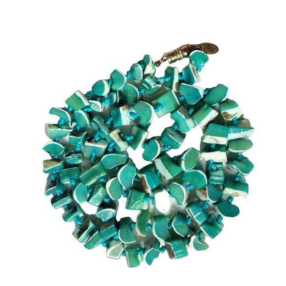 Les Bernard Jewelry - Les Bernard Shell Beaded Necklace Turquoise Blue White Boho Artisan MOP 32"